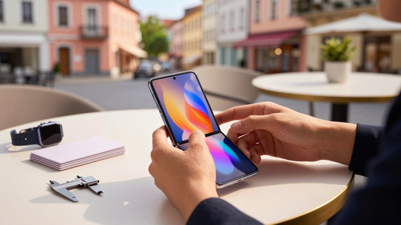 Person holding a foldable smartphone open at a café table, with a smartwatch and notepad nearby, street view in background.