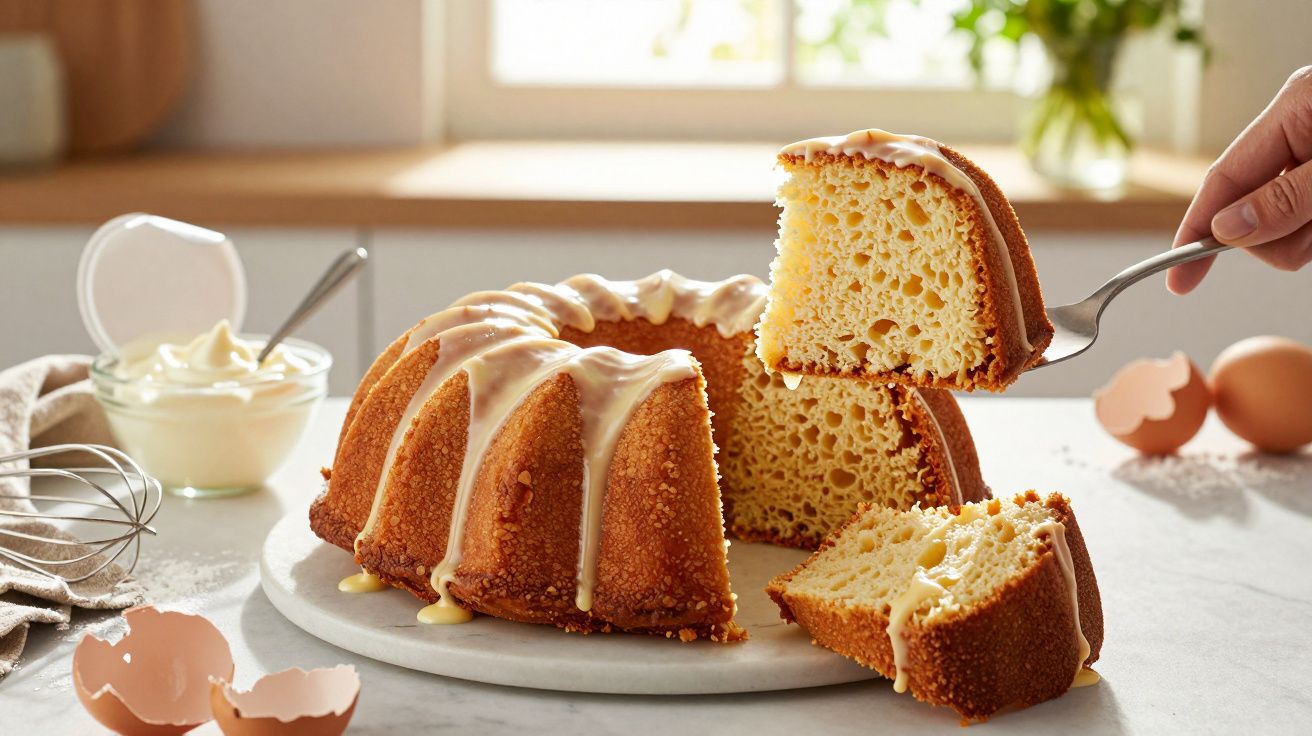 Sliced bundt cake with icing on a plate, a hand serving a piece. Eggs and whipped cream bowl in the background.