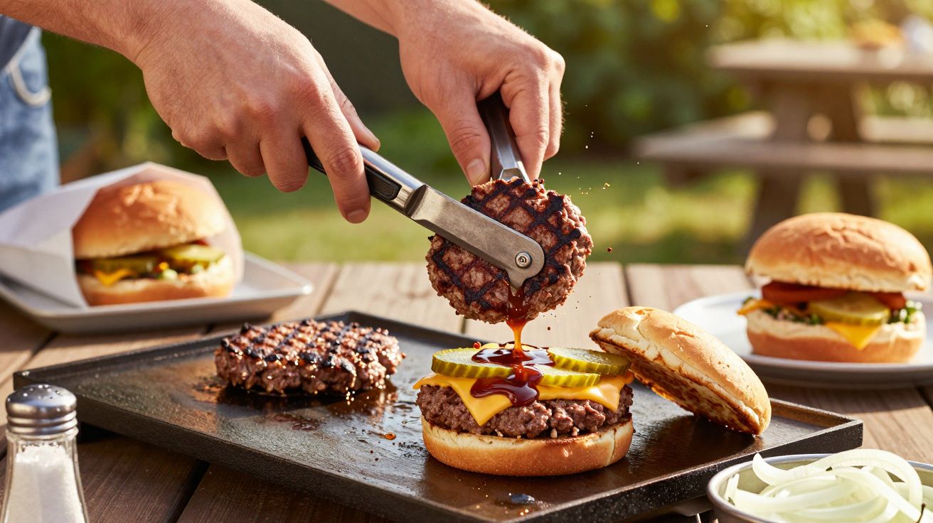 Close-up of hands placing a grilled burger patty on a bun with cheese, pickles, and ketchup. Other burgers in the background.